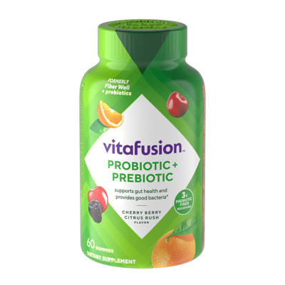 vitafusion Probiotic + Prebiotic Fiber Gummies for Adults, Probiotic Supplement with Prebiotic Fiber to Support Gut Health and Provide Good Bacteria (1),
Cherry Berry Citrus Rush Flavor, 60 count