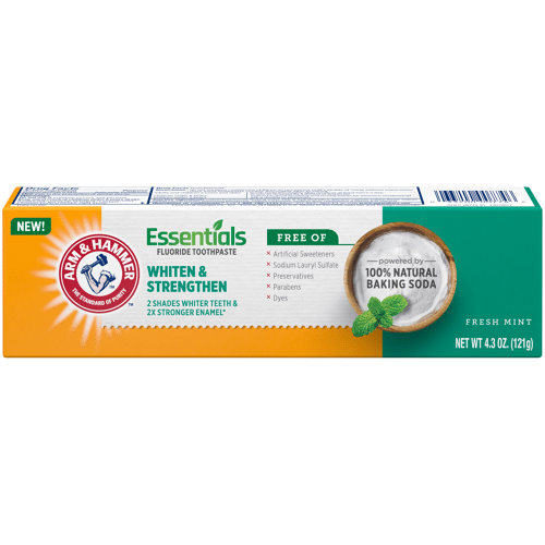 ARM & HAMMER Essentials Whiten & Strengthen Fluoride Toothpaste-One 4.3oz Tube, Fresh Mint- 100% Natural Baking Soda- Fluoride Toothpaste