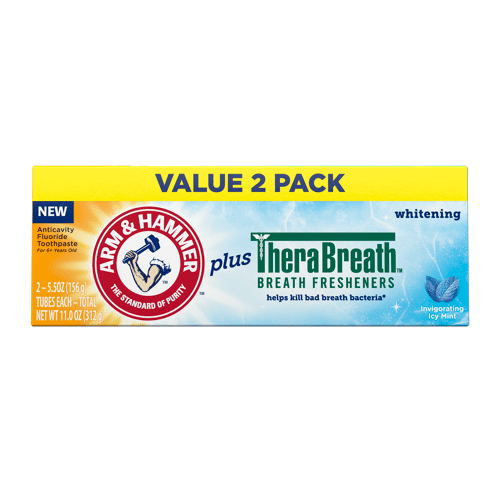 ARM & HAMMER Toothpaste Plus TheraBreath Breath Fresheners, Invigorating Icy Mint Flavor, Whitening Anticavity Fluoride Toothpaste for Bad Breath, 5.5 Oz (Pack of 2)
